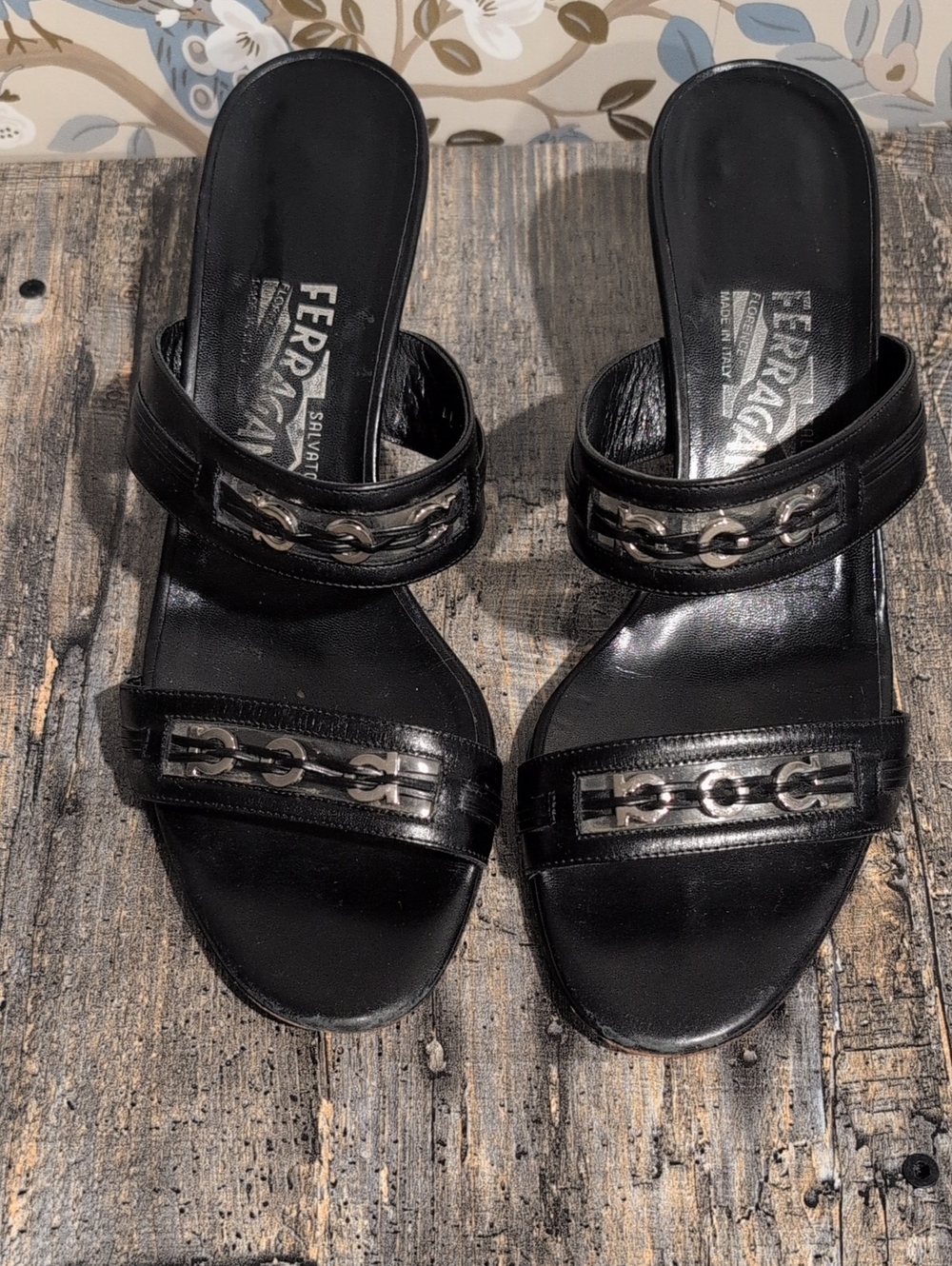 Salvatore Ferragamo Black Leather Chain-Trim Slide Mules